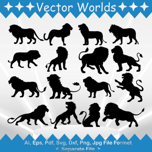 Set of lion silhouettes on a blue and white background.