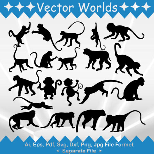 Set of monkey silhouettes on a blue and white background.