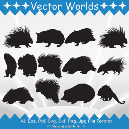 Set of hedgehogs silhouettes on a blue and white background.