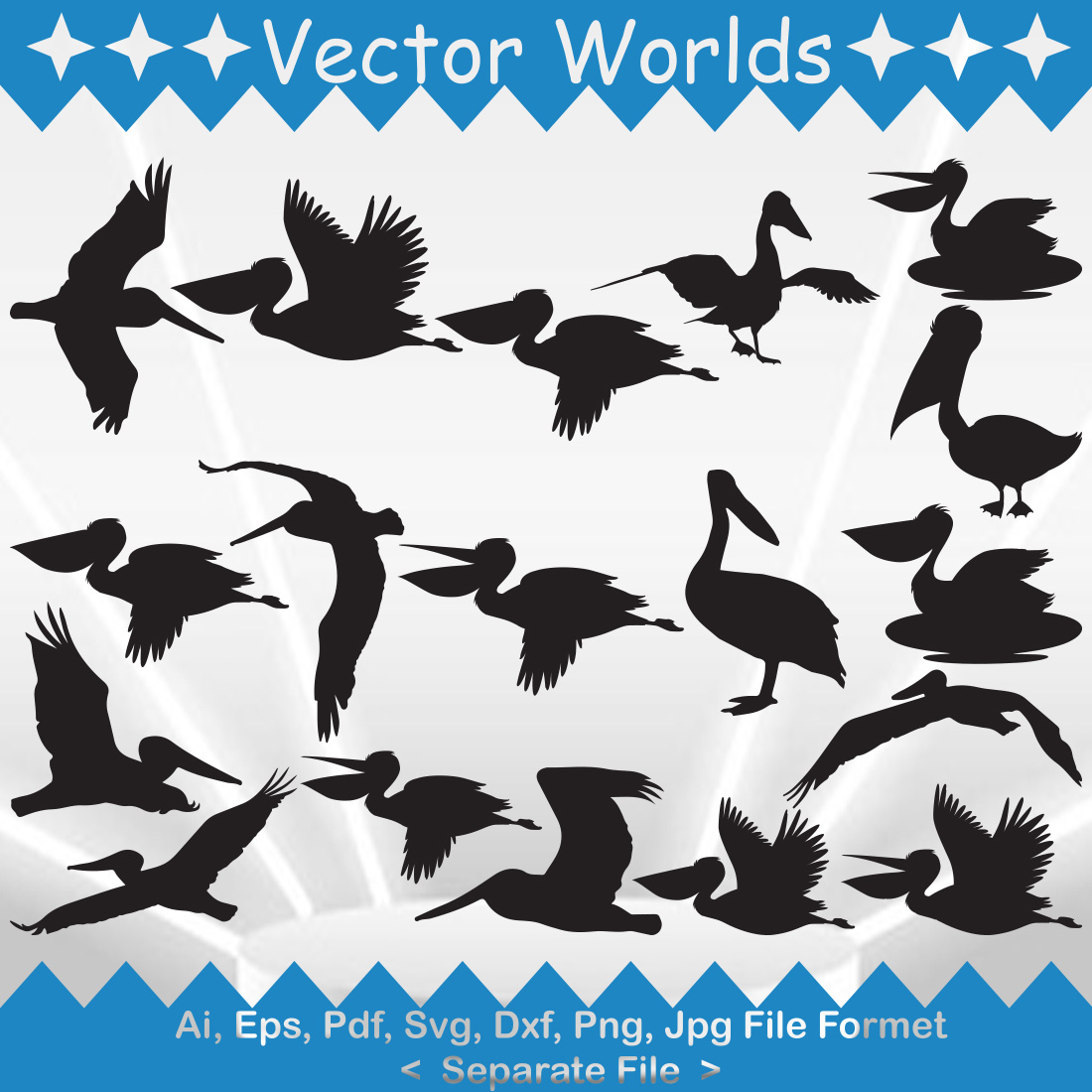 Large set of silhouettes of birds flying.