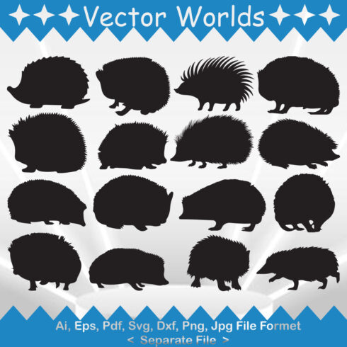 Set of hedgehogs silhouettes on a blue and white background.