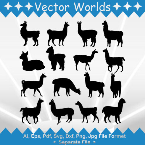 Collection of llamas silhouettes on a blue and white background.
