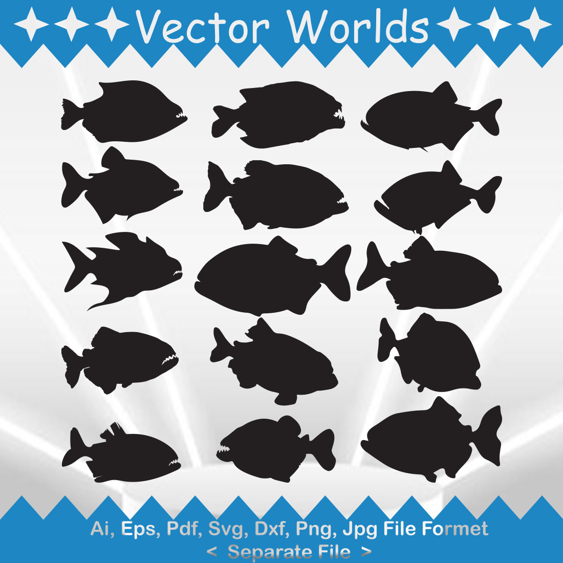 Group of fish silhouettes on a blue and white background.