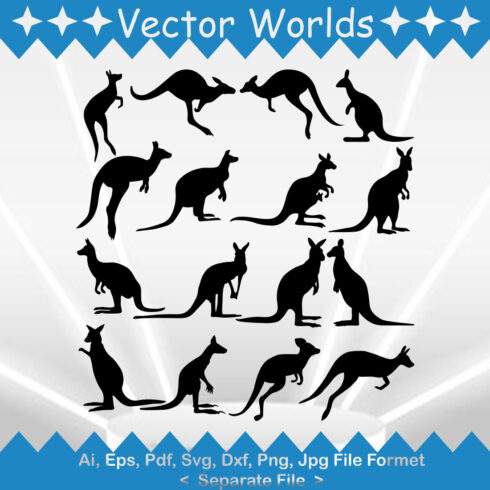 Set of kangaroos silhouettes on a blue and white background.