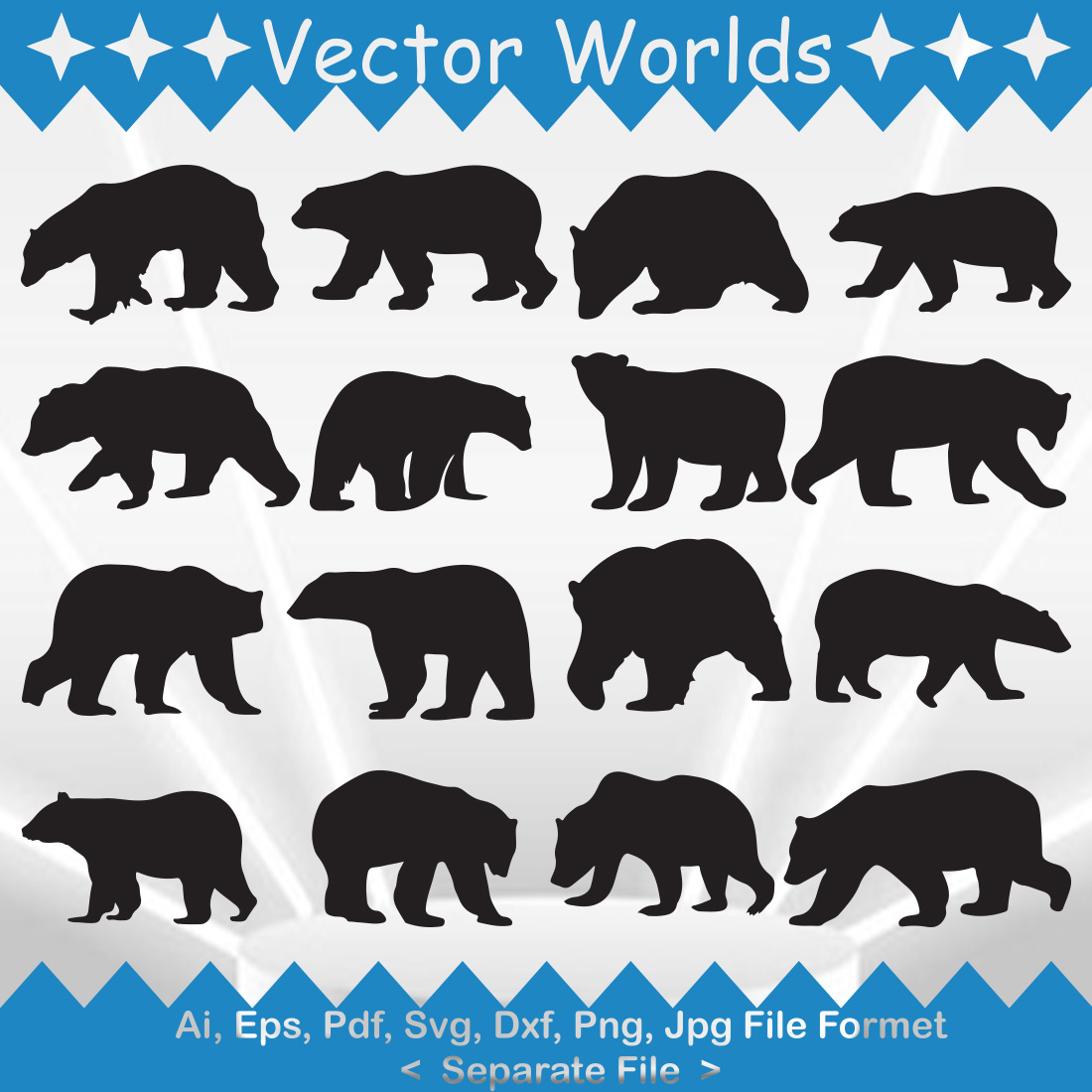 Set of black and white bear silhouettes.