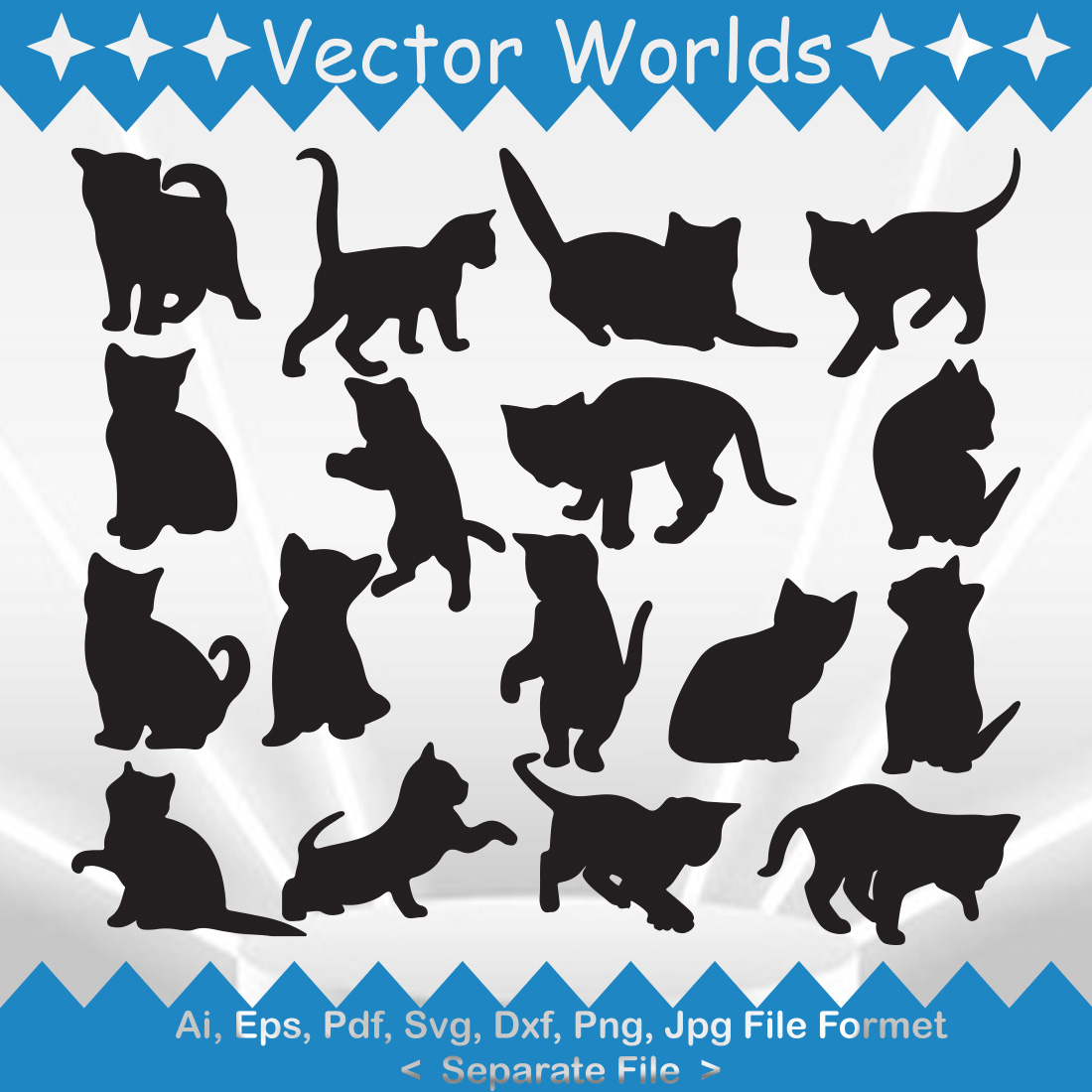 Bunch of cats silhouettes on a blue and white background.