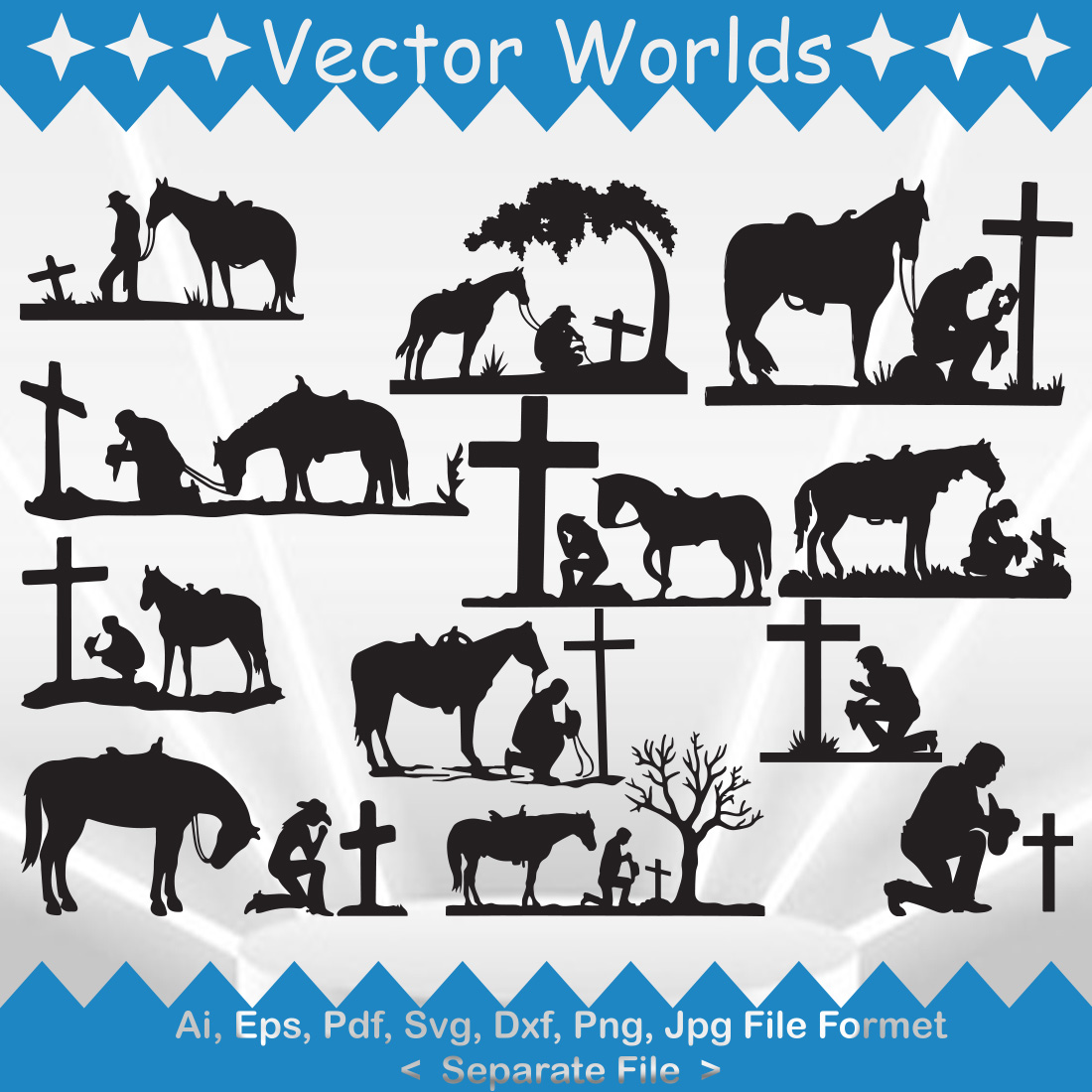 Set of silhouettes of people and animals.