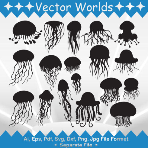 Set of black and white jellyfish silhouettes.