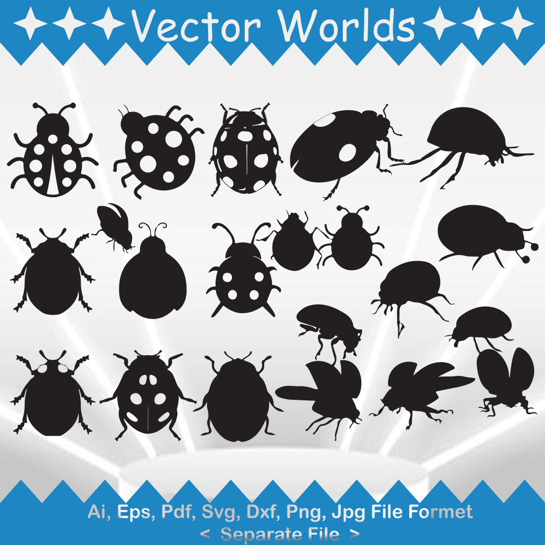 Collection of bugs silhouettes on a white background.