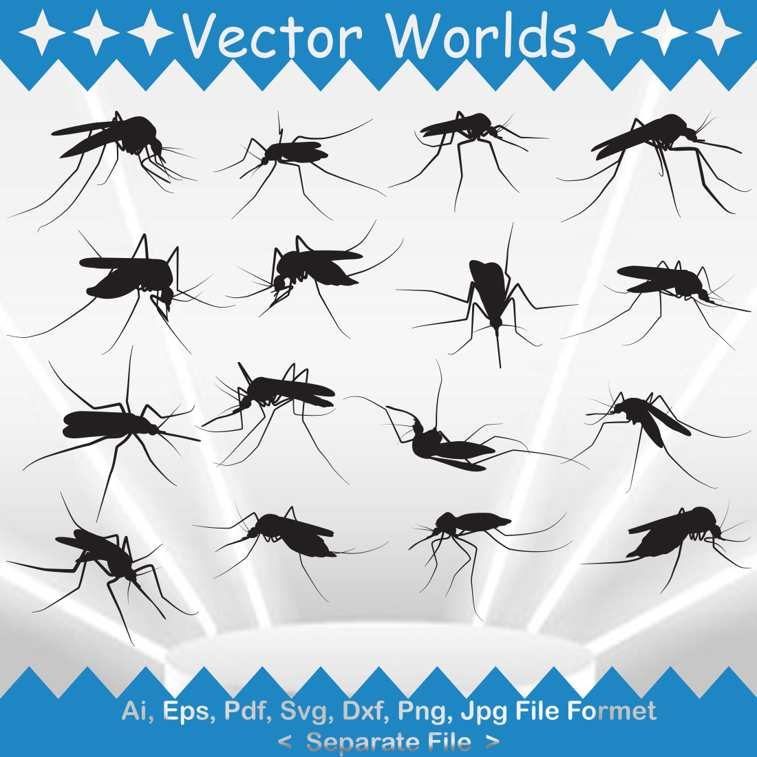Group of mosquito silhouettes on a blue and white background.