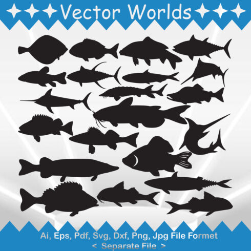 Collection of fish silhouettes on a blue and white background.