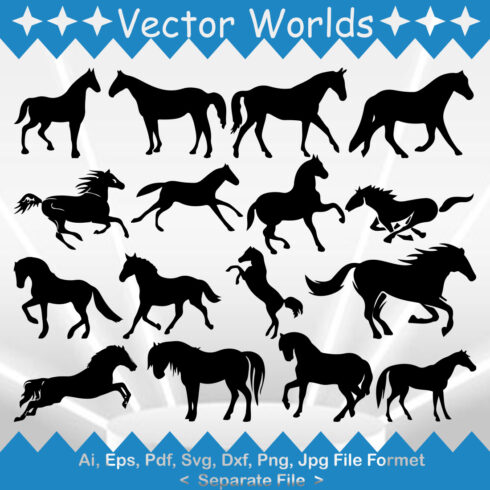 Set of horse silhouettes on a blue and white background.