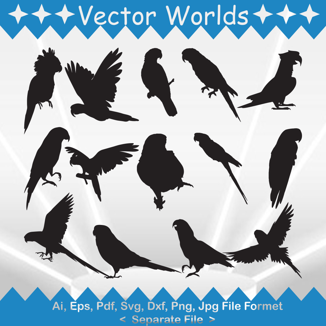 Set of birds silhouettes on a blue and white background.