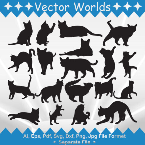 Set of cats silhouettes on a blue and white background.