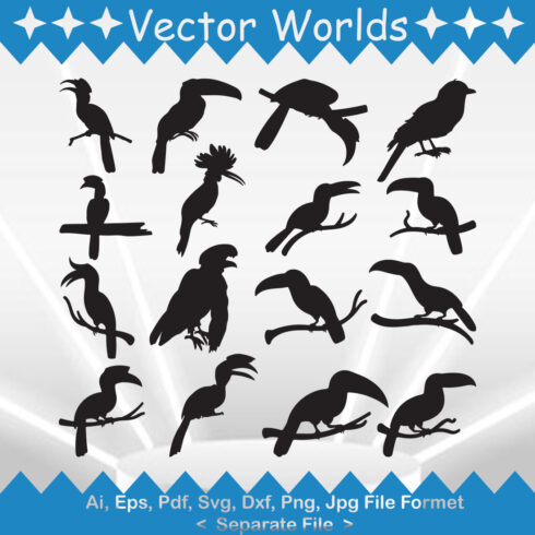 Set of birds silhouettes on a blue and white background.