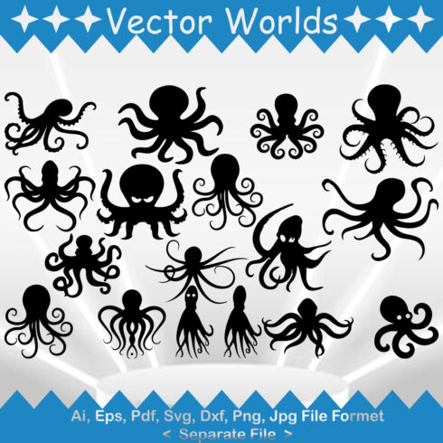 Set of octopus silhouettes on a white background.