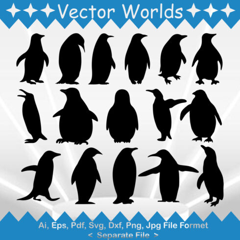 Set of penguins silhouettes on a blue and white background.
