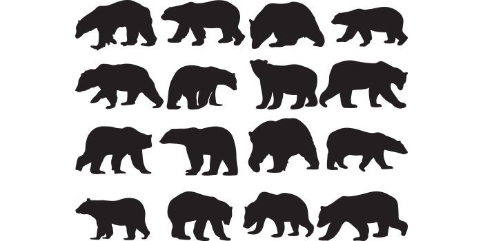Set of silhouettes of bears on a white background.