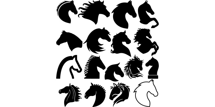 Set of horse heads silhouettes on a white background.