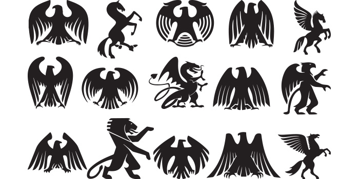 Set of black and white silhouettes of different symbols.