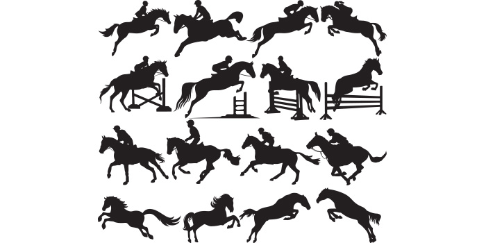 Horse and rider silhouettes on a white background.