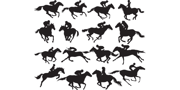 Group of silhouettes of horses and jockeys.