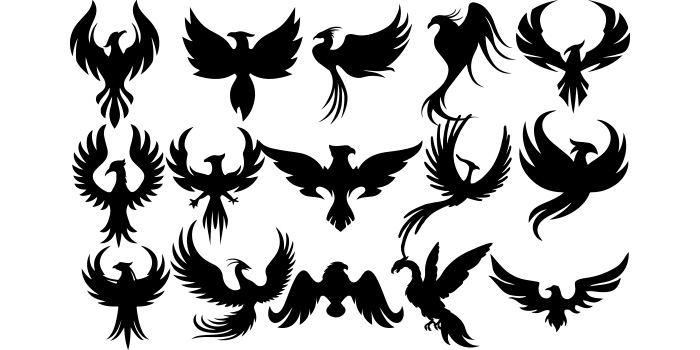 Set of black and white silhouettes of birds.