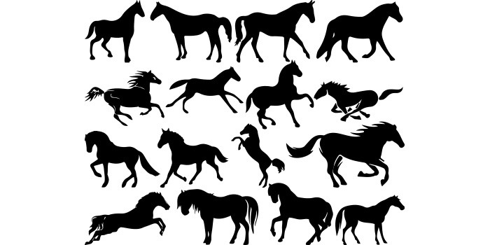 Set of twelve silhouettes of horses.