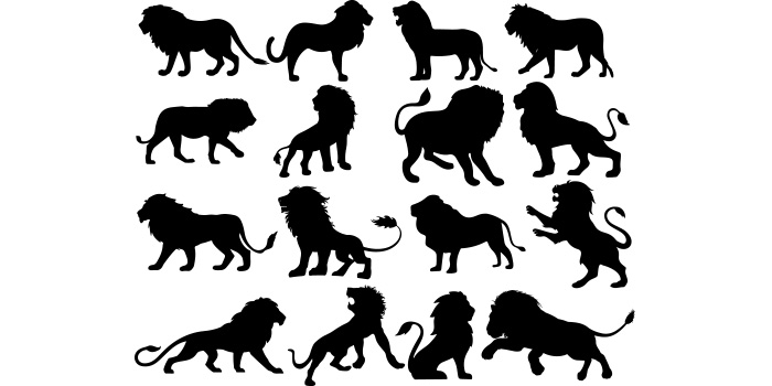 Set of twelve silhouettes of lions.