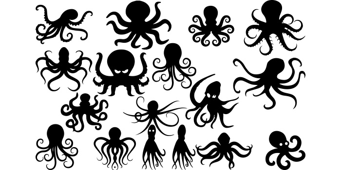 Group of octopus silhouettes on a white background.
