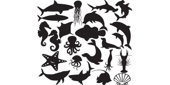 Collection of sea animals silhouettes on a white background.