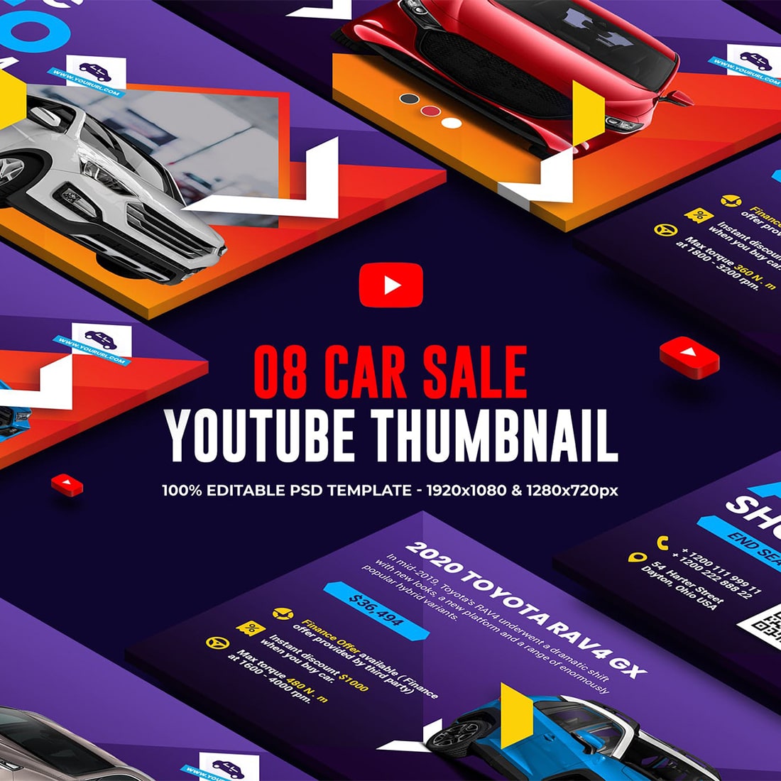 Youtube Thumbnail template, 8 car sale youtube thumbnail cover image.