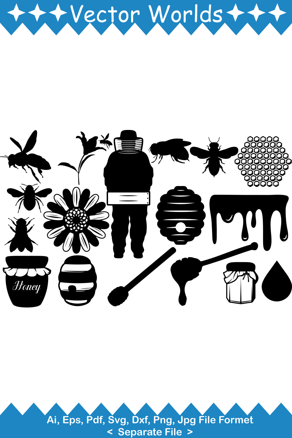 Set of black and white silhouettes of bees.