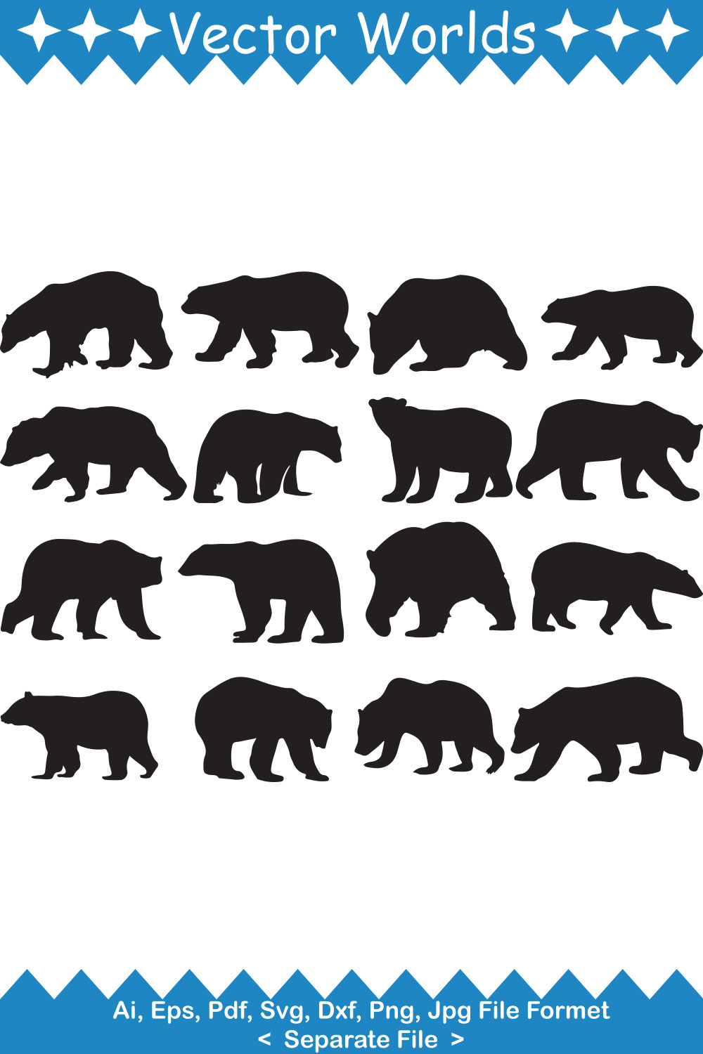 Set of black bears silhouettes on a white background.
