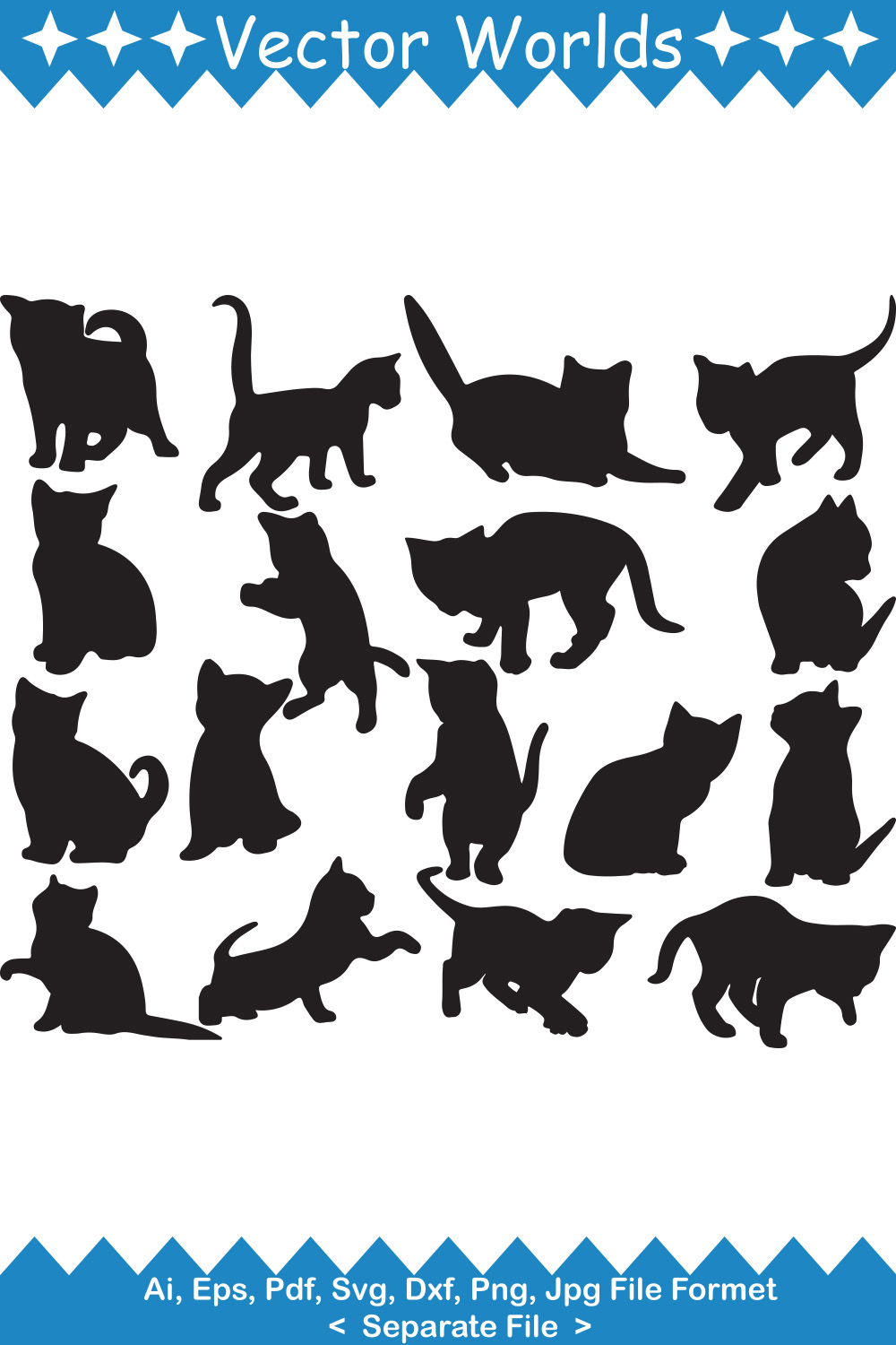Bunch of cats silhouettes on a white background.