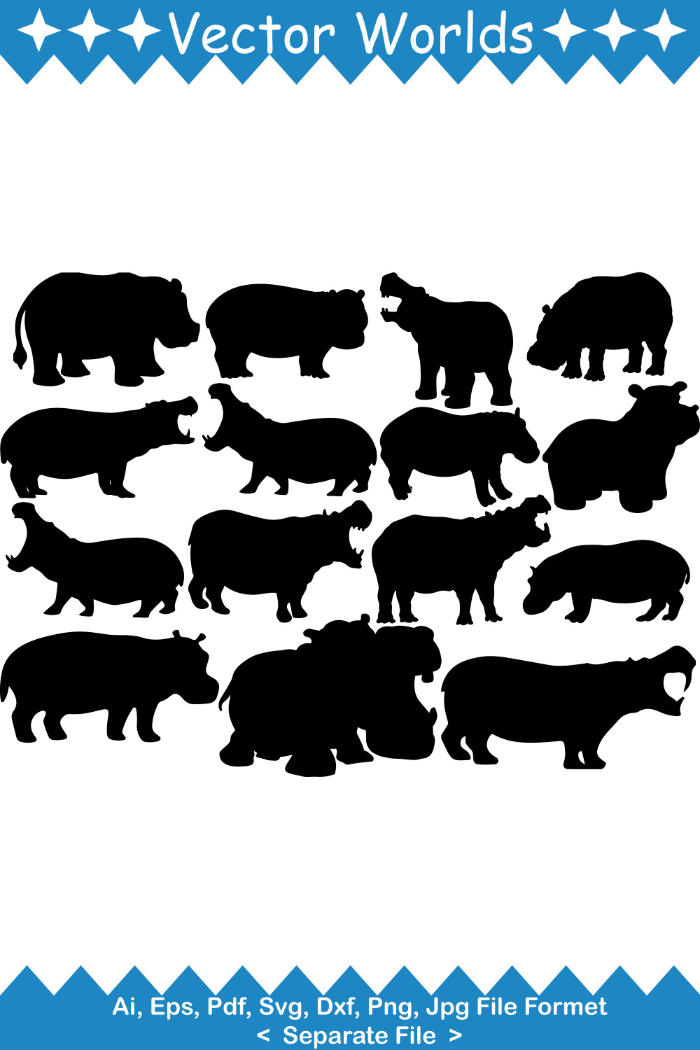 Set of silhouettes of hippos and rhinos.
