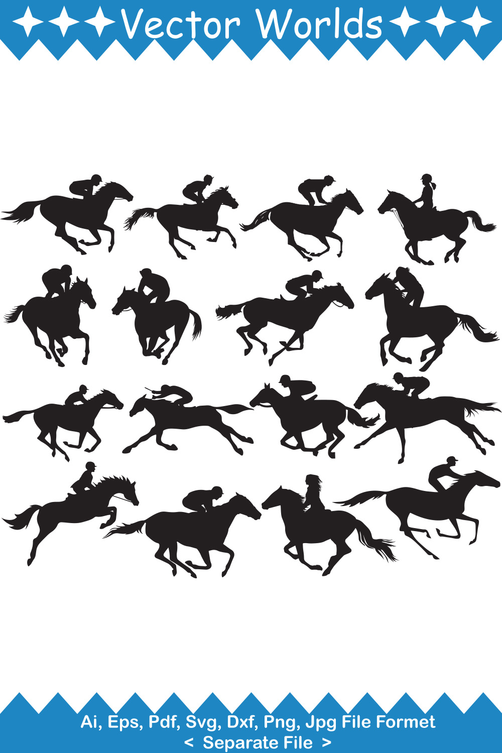 Set of silhouettes of horses and jockeys.