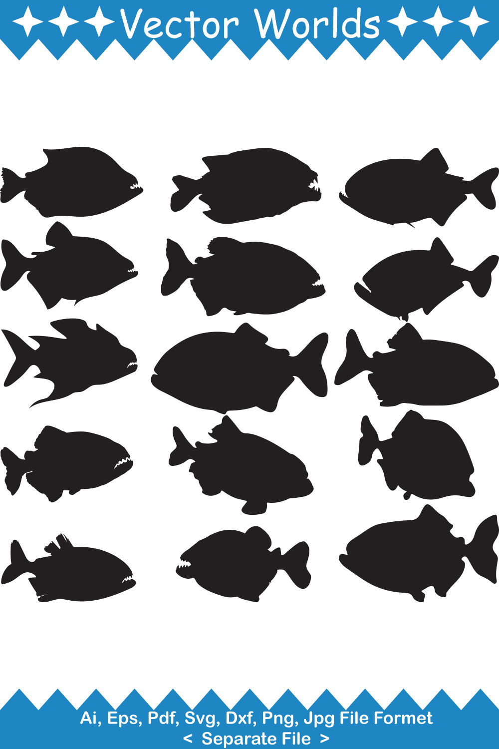 Set of black silhouettes of fish on a white background.