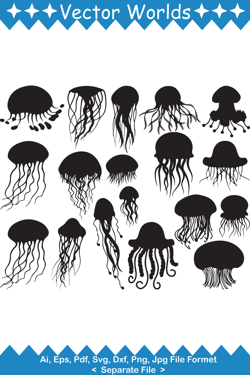 Set of black and white jellyfish silhouettes.