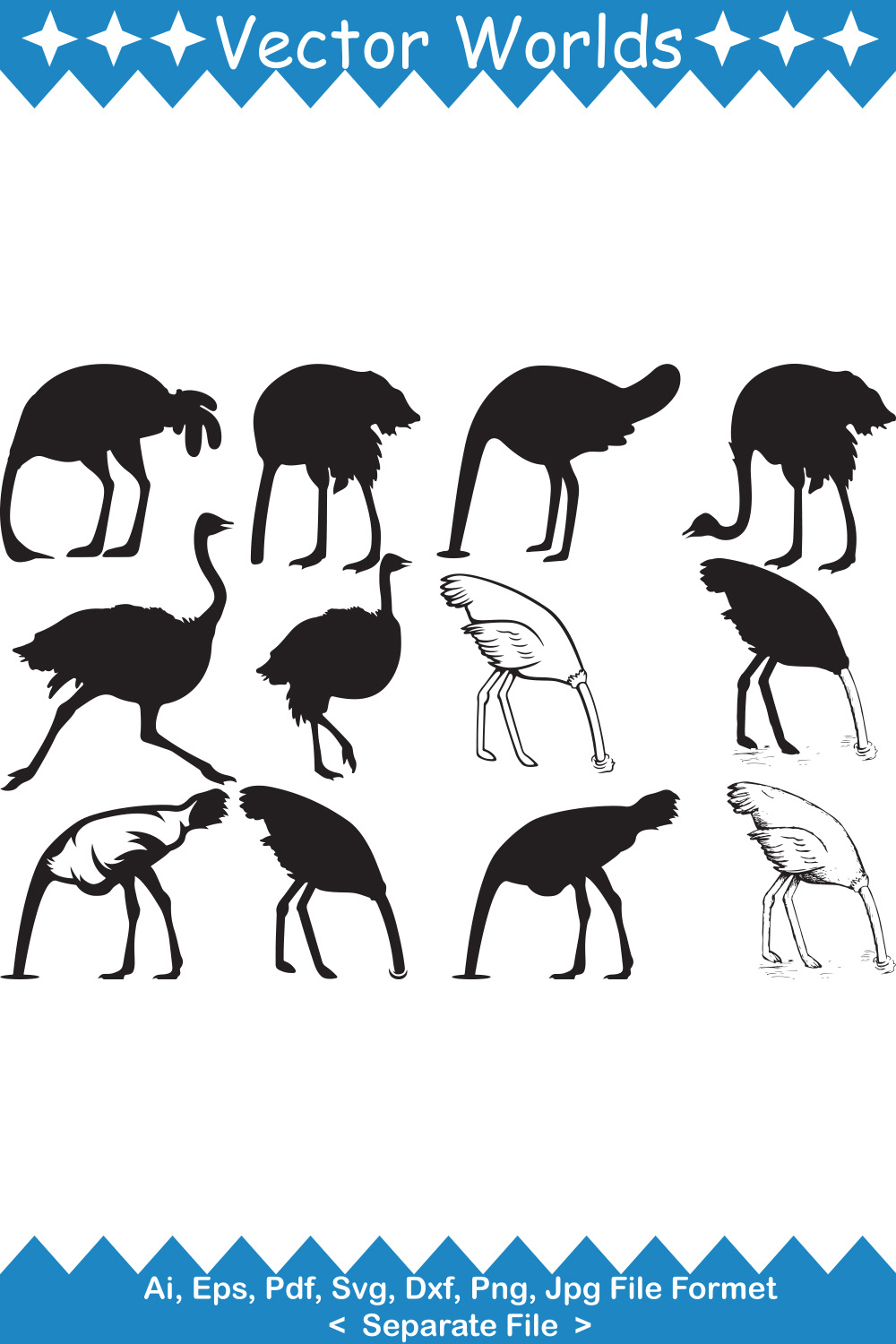 Ostrich silhouettes are shown in black and white.