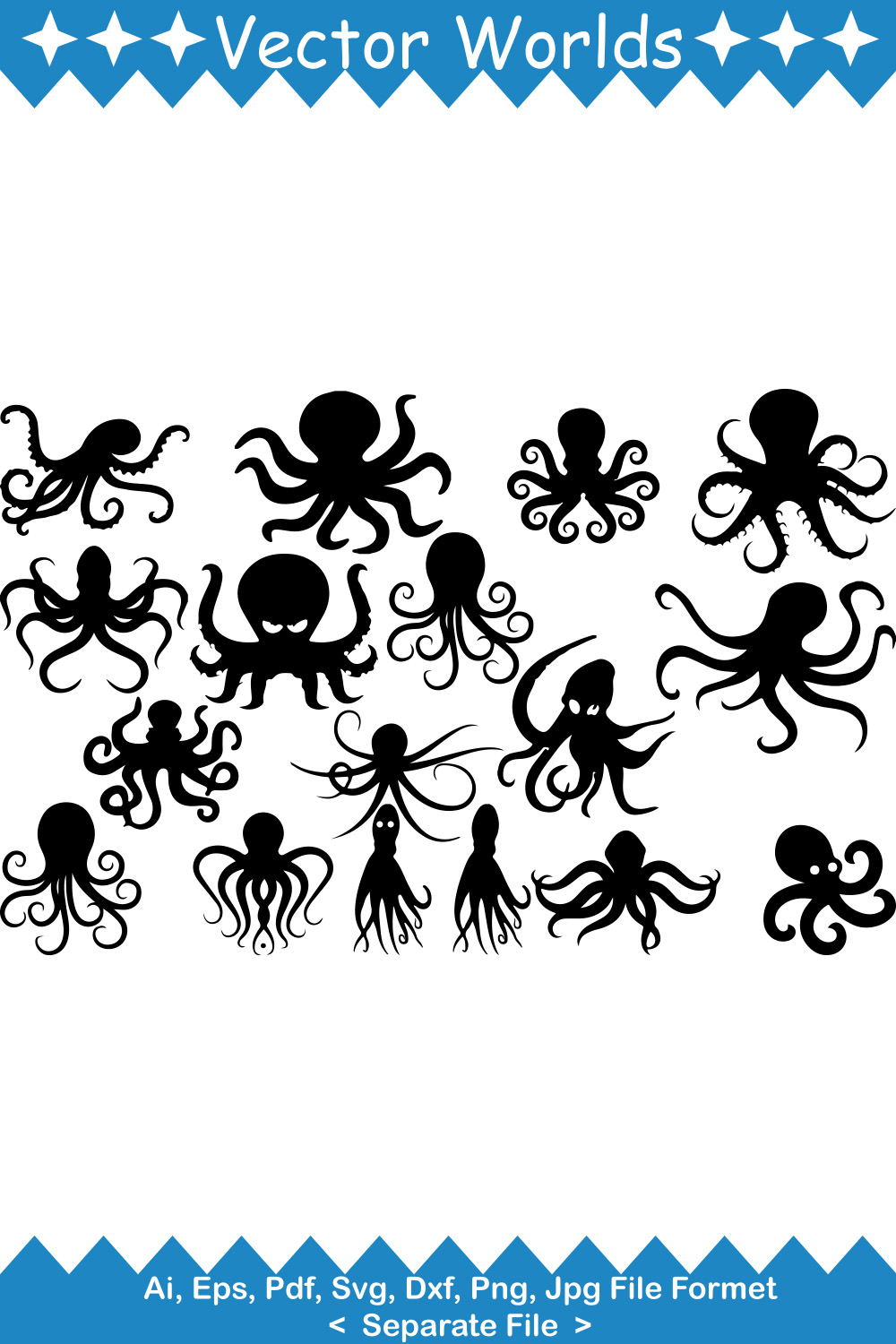Group of octopus silhouettes on a white background.