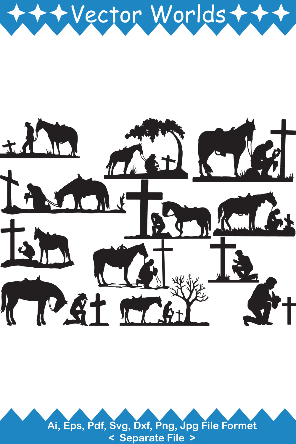 Set of silhouettes of farm animals and people.