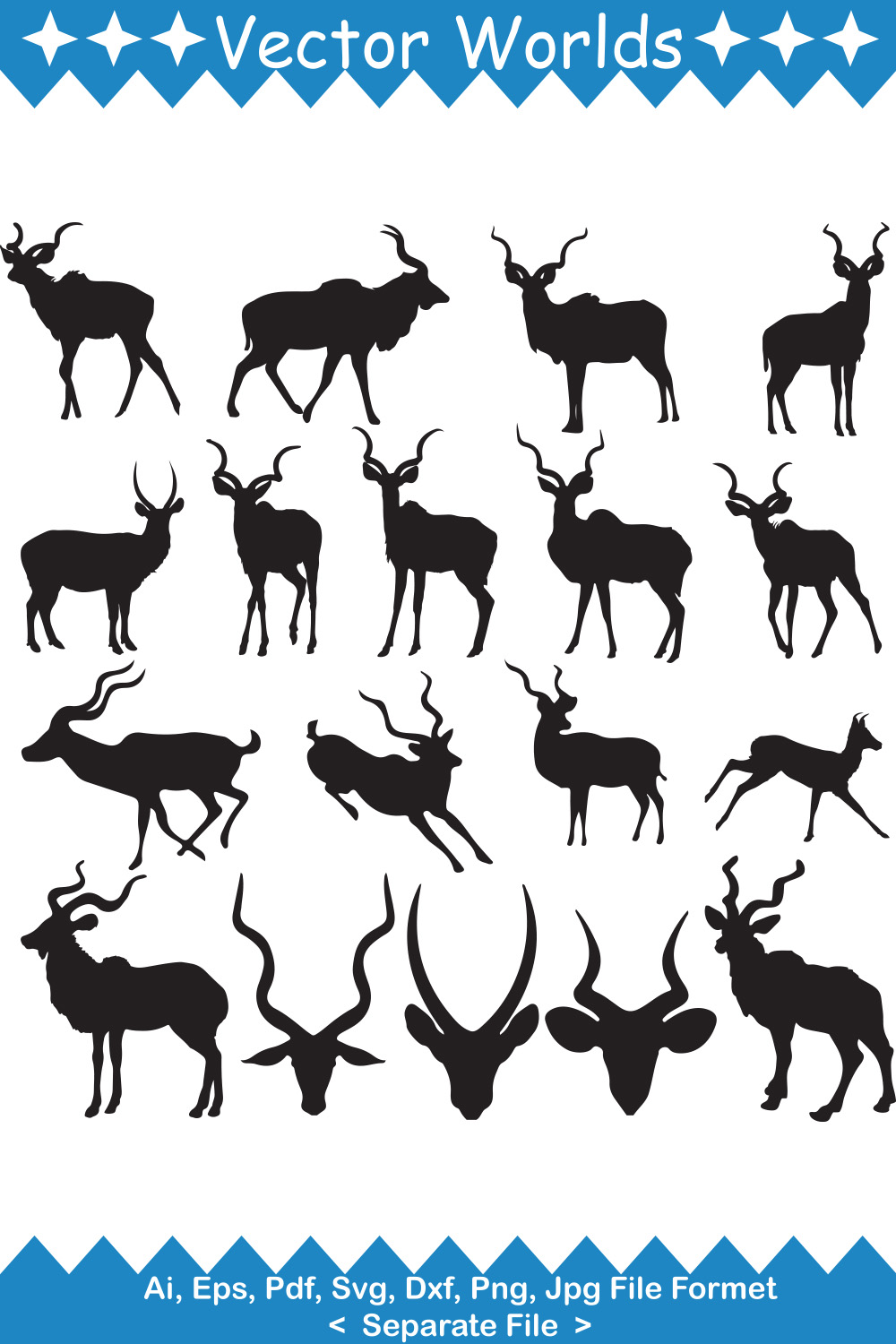 Set of silhouettes of deer and antelope.