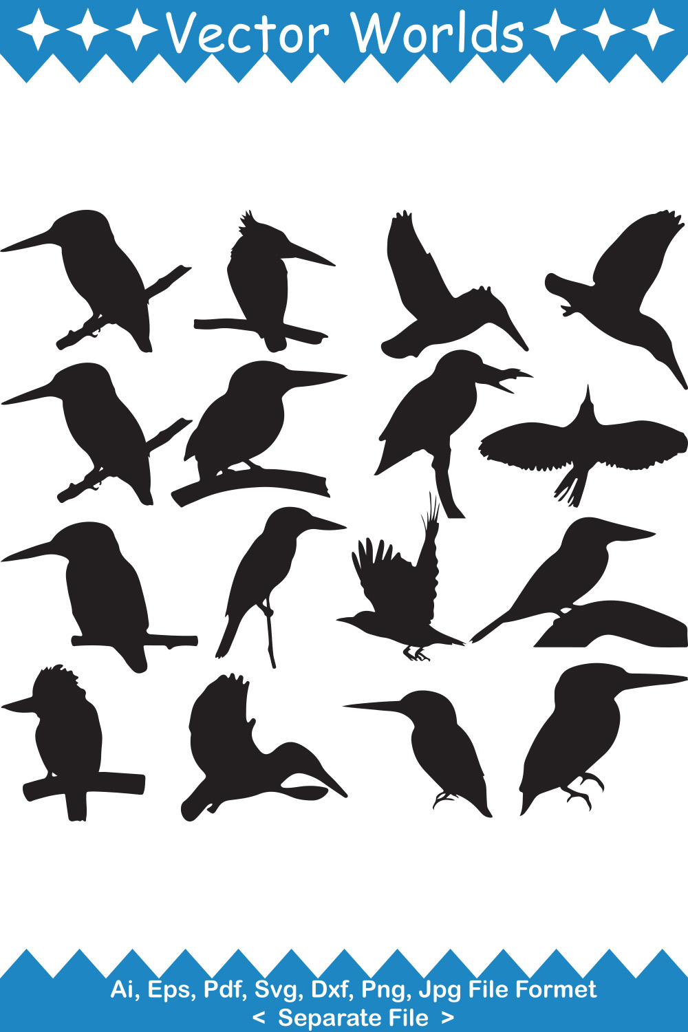 Set of silhouettes of birds flying in the sky.