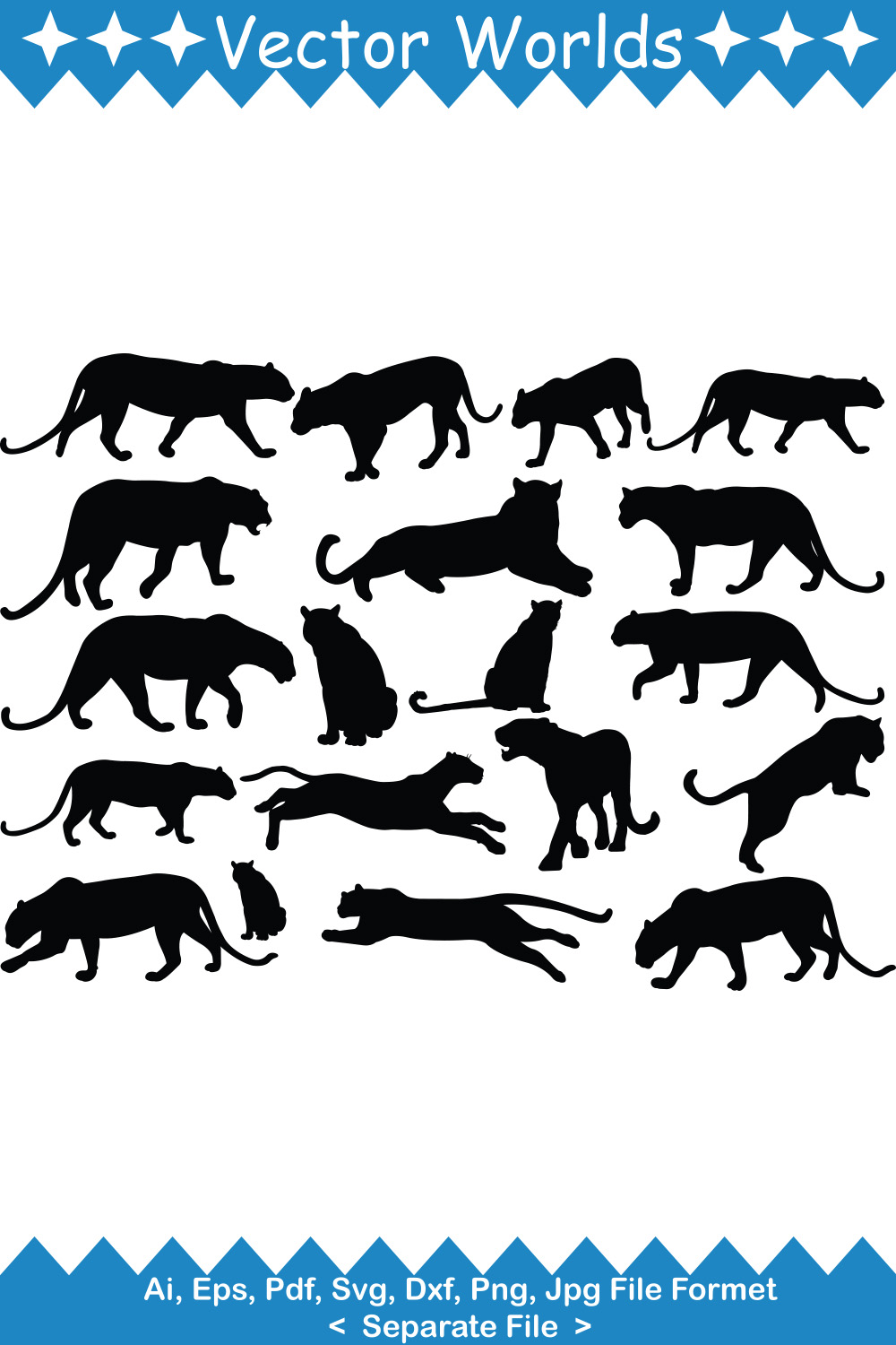 Set of black silhouettes of cats on a white background.