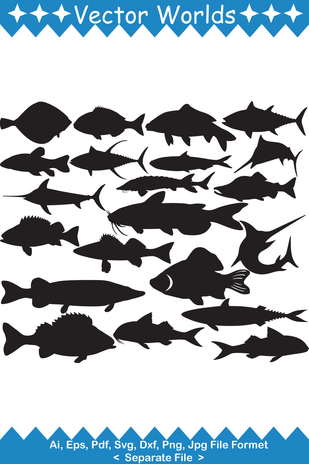 Bunch of fish silhouettes on a white background.