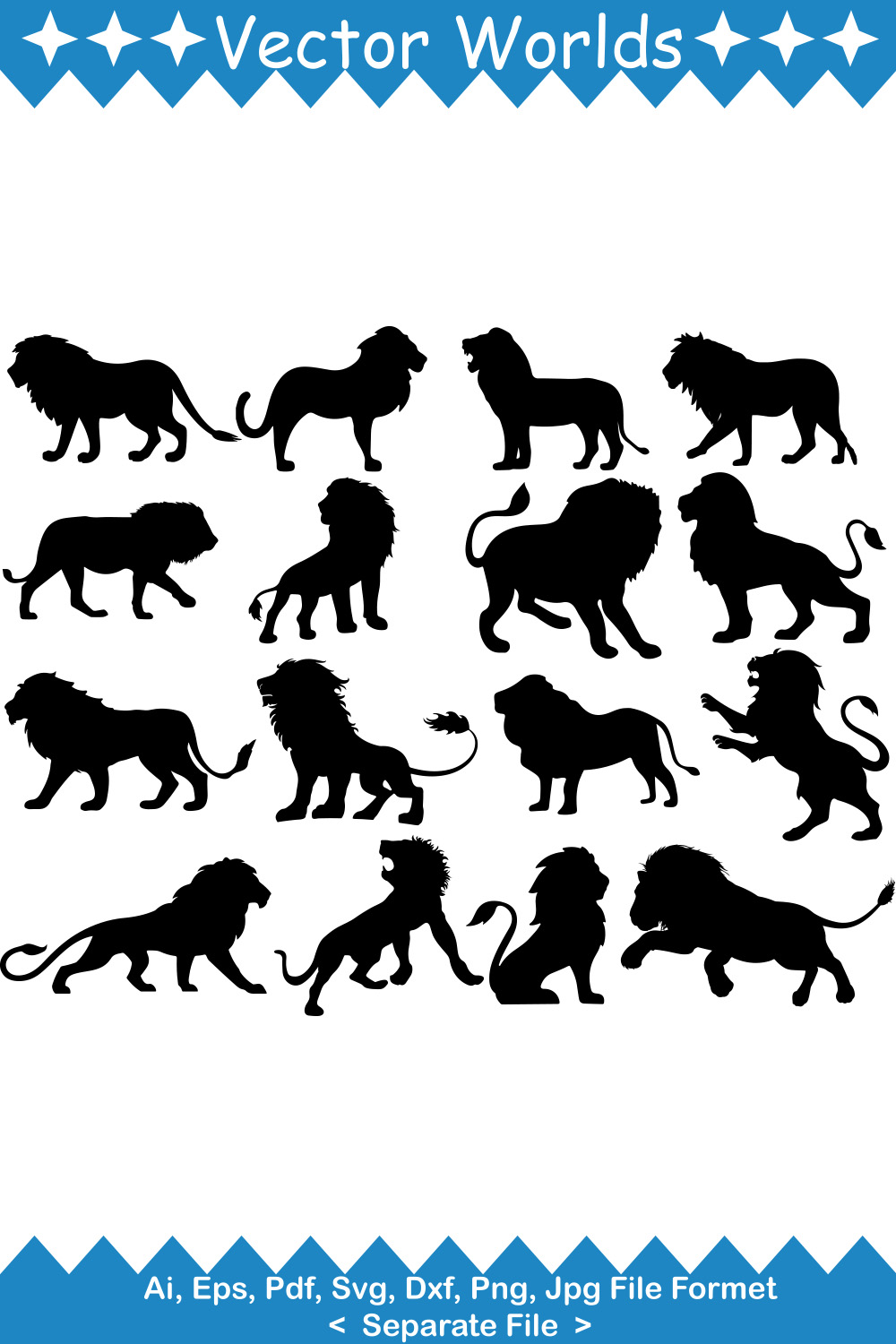 Set of silhouettes of lions on a white background.