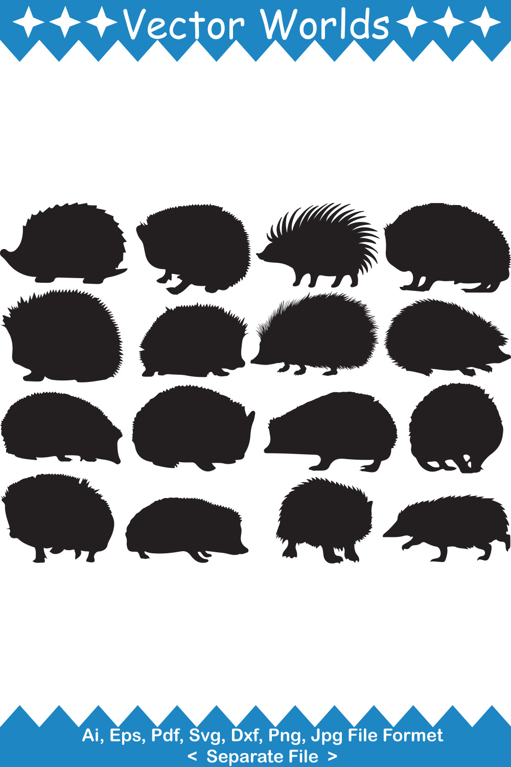 Set of silhouettes of hedgehogs.