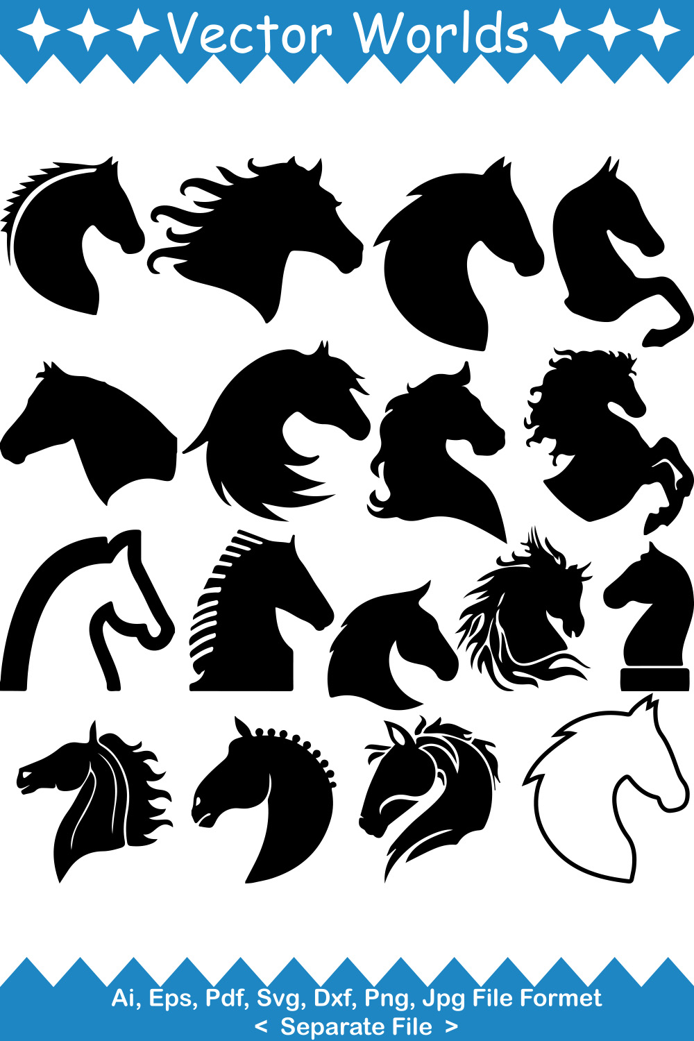 Set of silhouettes of horse heads.