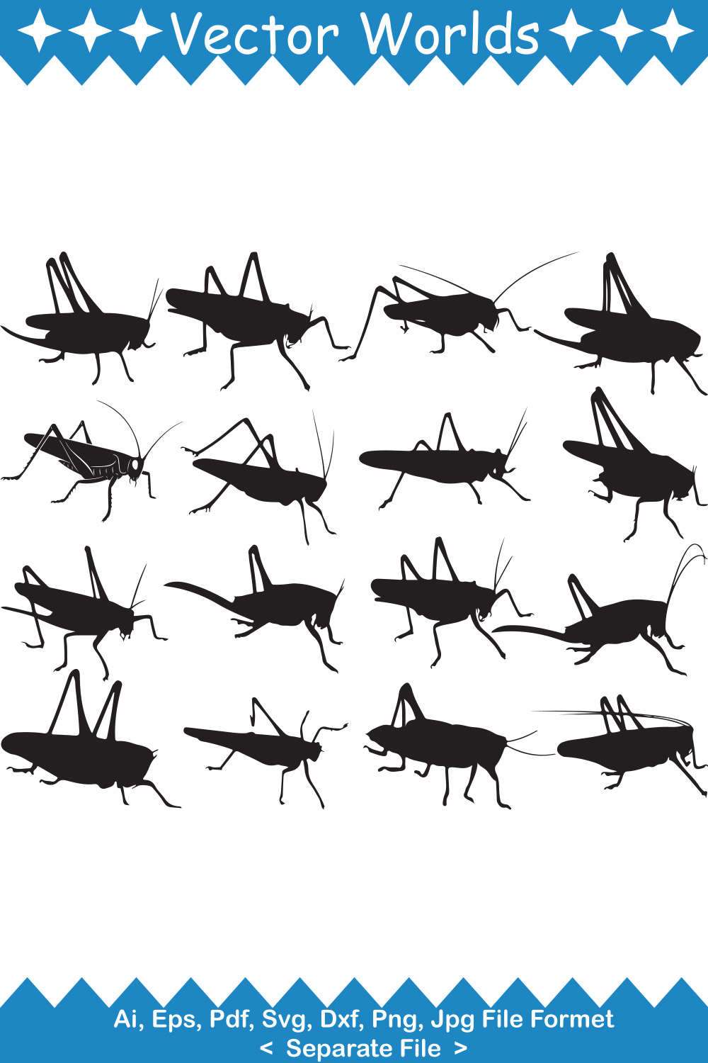 Large group of grasshoppers on a white background.
